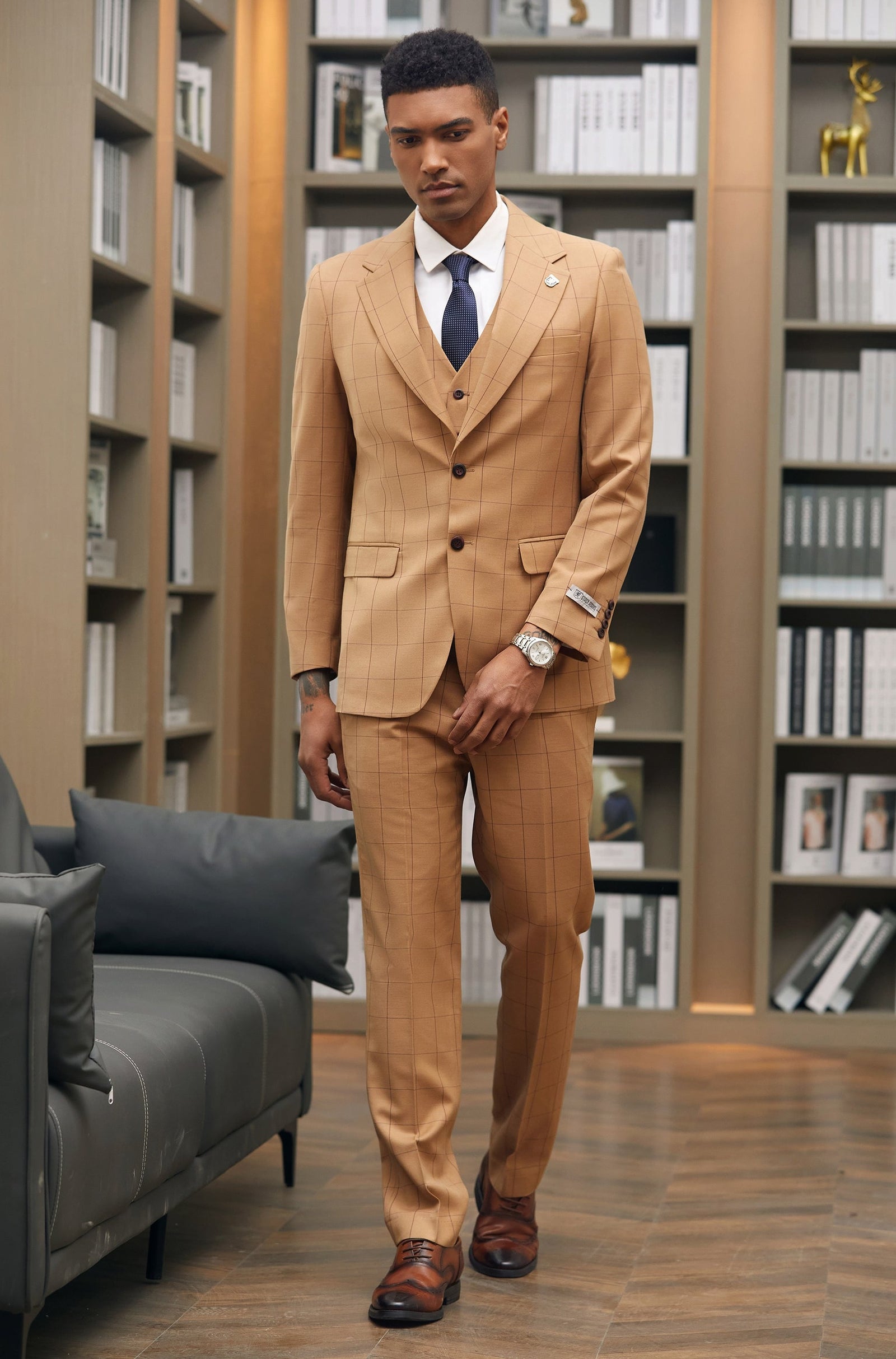 Men's Rust Windowpane 3 PC Stacy Adams Suit