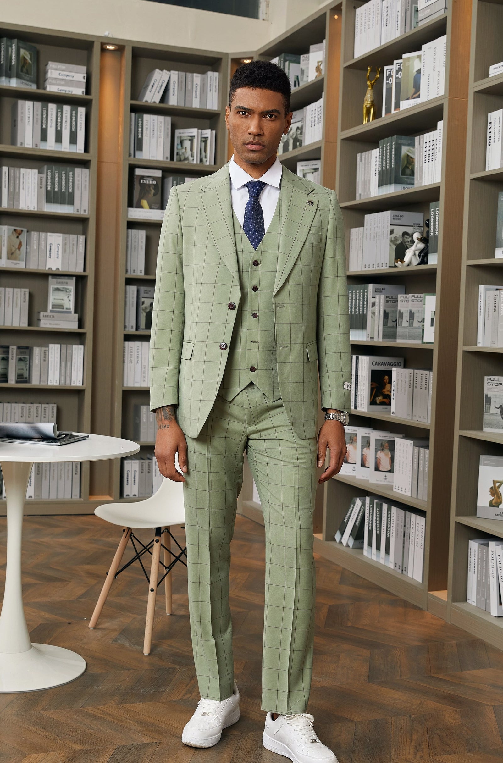 Men's Green Windowpane 3 PC Stacy Adams Suit