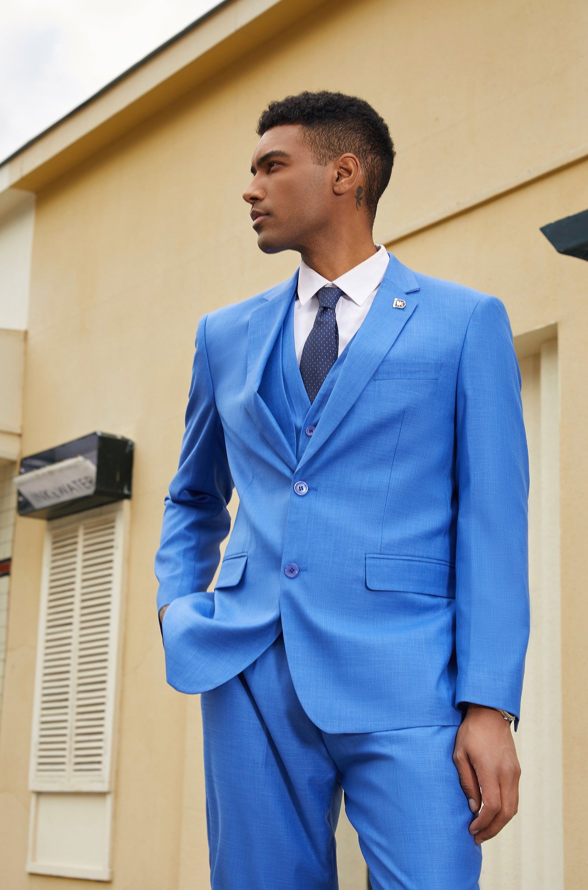 Men's Blue Solid Textured 3 PC Stacy Adams Suit