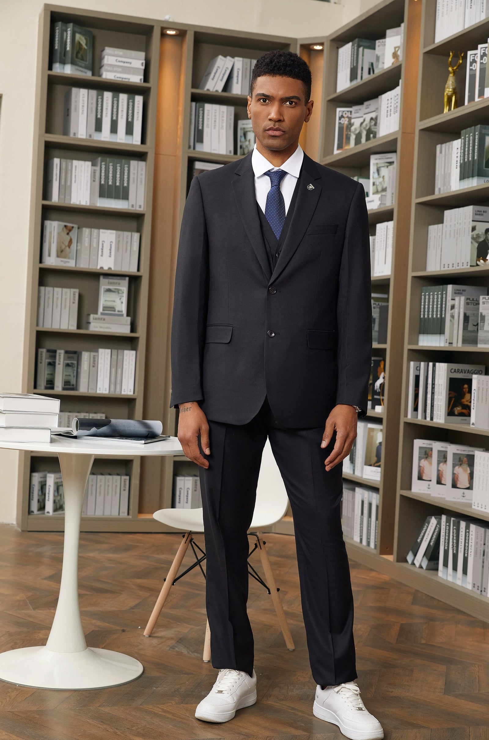 Men's Midnight Black Solid Textured 3 PC Stacy Adams Suit