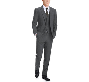 Men's Grey 3-Piece Classic Fit Single Breasted Windowpane Suit