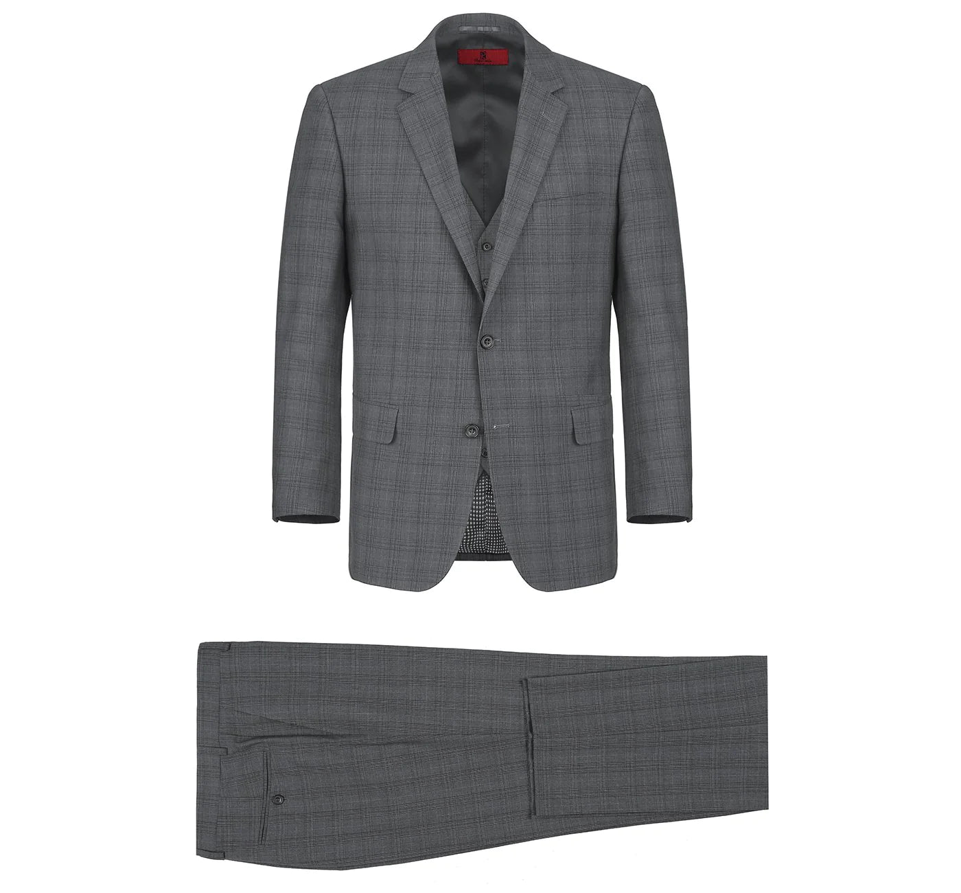 Men's Grey 3-Piece Classic Fit Single Breasted Windowpane Suit
